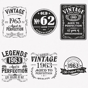 1963 Svg, 62° compleanno Svg, 6-pack 1963 Svg Bundle, Vintage 1963 Svg, Invecchiato alla perfezione 1963 Svg, File di trasferimento tagliati e stirati