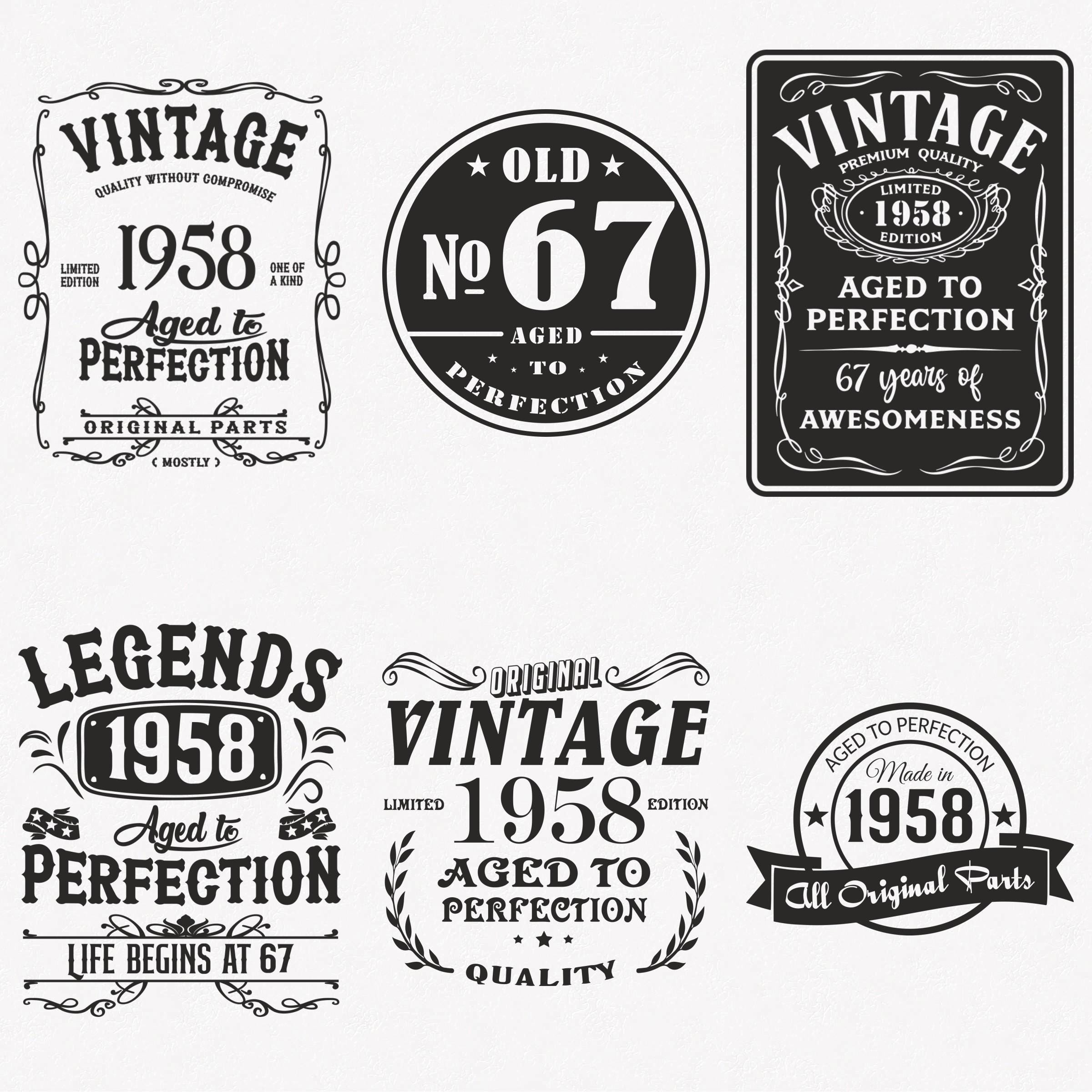 1958 Svg, 67º aniversário Svg, pacote com 6 Svg 1958, Vintage 1958 Svg, Envelhecido até a perfeição 1958 Svg, Arquivos de transferência para cortar e passar a ferro