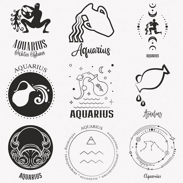 Aquarius Svg, Water Bearer Zodiac Symbol Svg, Aquarius Zodiac Sign Svg, 9-Pack Aquarius Horoscope Svg Bundle, Aquarius Simple Svg