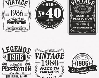 1986 Svg, 40th Birthday Svg, 6-pack 1986 Svg Bundle, Vintage 1986 Svg, Aged To Perfection 1986 Svg, Cut And Iron-On Transfer Files