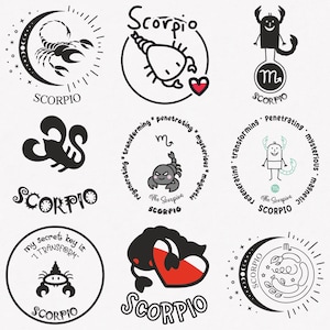 Scorpio Svg, Scorpion Zodiac Symbol Svg, Scorpio Zodiac Sign Svg, 9-Pack Scorpio Horoscope Svg Bundle, Scorpio Cute Svg