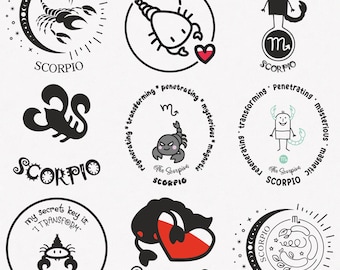 Schorpioen Svg, Schorpioen Zodiac Symbol Svg, Schorpioen Zodiac Sign Svg, 9-Pack Schorpioen Horoscoop Svg Bundel, Schorpioen Cute Svg