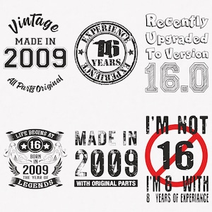 Svg 2009, Svg 16e anniversaire, lot de 6, Svg 2009, Svg 2009, né en 2009, Svg né en 2009, fichiers découpés et transfert thermocollant