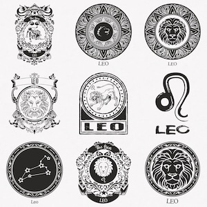 Leo Svg, Símbolo del Zodíaco del León Svg, Signo del Zodíaco Leo Svg, Paquete de 9 Paquetes de SVG del Horóscopo Leo, Leo Vintage Svg, Archivos de transferencia cortados y termoadhesivos
