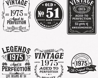 1975 Svg, 51st Birthday Svg, 6-pack 1975 Svg Bundle, Vintage 1975 Svg, Aged To Perfection 1975 Svg, Cut And Iron-On Transfer Files