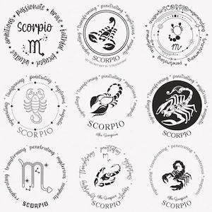 Scorpio Svg, Scorpion Zodiac Symbol Svg, Scorpio Zodiac Sign Svg, 9-Pack Scorpio Horoscope Svg Bundle, Scorpio Positive Keywords Svg