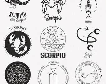 Schorpioen Svg, Schorpioen Zodiac Symbol Svg, Schorpioen Zodiac Sign Svg, 9-Pack Schorpioen Horoscoop Svg Bundel, Schorpioen Eenvoudige Svg