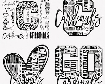 May include: Four different designs featuring the word "Cardinals" repeated in a variety of fonts and sizes. The designs are in the shape of a heart, a letter C, a letter G, and the number 60.