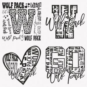 Pode incluir: Quatro designs gráficos em preto e branco com o texto "Wolf Pack" repetido em vários tamanhos e orientações. Os designs incluem uma letra W, um coração e a letra G.