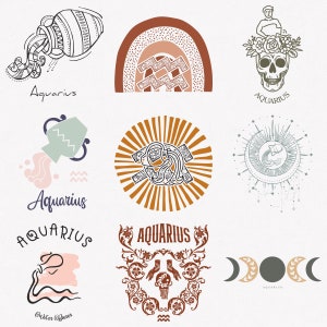 Verseau Svg, Svg symbole du zodiaque Verseau, Svg signe du zodiaque Verseau, lot de 9 Svg Verseau horoscope Svg, Verseau Boho Design Svg