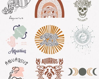 Aquarius Svg, Water Bearer Zodiac Symbol Svg, Aquarius Zodiac Sign Svg, 9-Pack Aquarius Horoscope Svg Bundle, Aquarius Boho Design Svg
