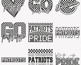 May include: A collection of black and white graphics featuring the word "Patriots" in various designs. The designs include a heart, a circle, and the words "Go Patriots" and "Patriots Pride" in a checkered pattern.