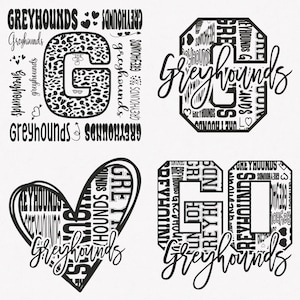 Greyhounds Svg, Greyhounds Typography 4 Sports Svg Mascot Pack, Greyhounds Typography Svg Cut Files Bundle