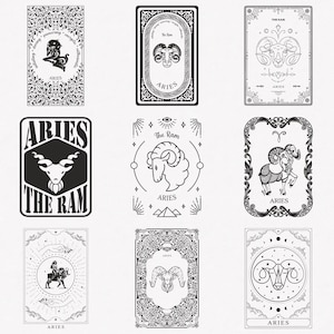Aries Svg, Ram Zodiac Symbol Svg, Aries Zodiac Sign Svg, 9-Pack Aries Horoscope Svg Bundle, Aries Card Svg, Cut And Iron-On Transfer Files