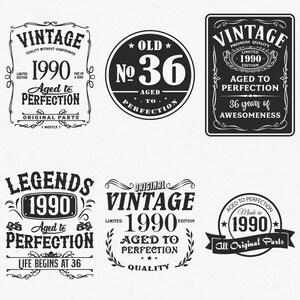 SVG de 1990, SVG de 36.º cumpleaños, paquete de 6 SVG de 1990, SVG vintage de 1990, SVG de 1990 envejecido a la perfección, archivos de transferencia para cortar y planchar