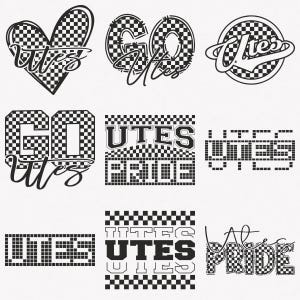Könnte beinhalten: Eine Sammlung von schwarz-weißen Grafikdesigns mit dem Wort „Utes“ und verwandten Phrasen. Designs umfassen ein Herz, einen Kreis und Textanordnungen mit Schachbrettmuster.