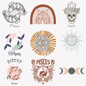 Pisces Svg, Fish Zodiac Symbol Svg, Pisces Zodiac Sign Svg, 9-Pack Pisces Horoscope Svg Bundle, Pisces Boho Design Svg