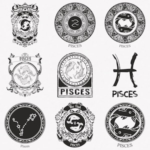 Pisces Svg, Fish Zodiac Symbol Svg, Pisces Zodiac Sign Svg, 9-Pack Pisces Horoscope Svg Bundle, Pisces Vintage Svg