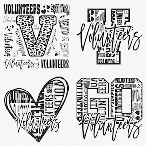Könnte beinhalten: Vier schwarz-weiße Designs mit dem Wort "Volunteers" in verschiedenen Schriftarten und Stilen. Die Designs beinhalten ein Herz, einen Buchstaben V, einen Buchstaben G und einen stilisierten Buchstaben V.