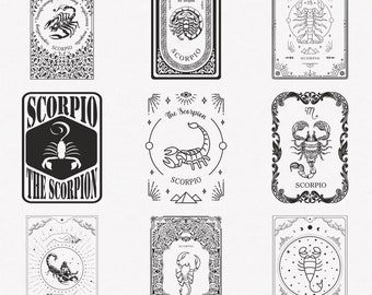 Schorpioen Svg, Schorpioen Zodiac Symbol Svg, Schorpioen Zodiac Sign Svg, 9-Pack Schorpioen Horoscoop Svg Bundel, Schorpioen Kaart Svg