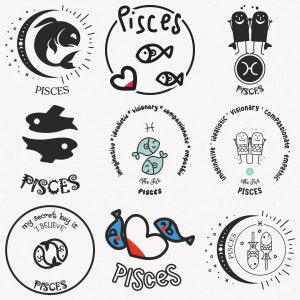 Pisces Svg, Fish Zodiac Symbol Svg, Pisces Zodiac Sign Svg, 9-Pack Pisces Horoscope Svg Bundle, Pisces Cute Svg