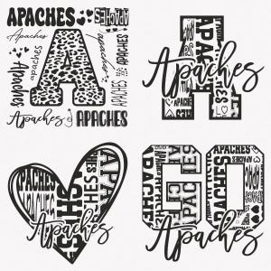 May include: Four graphic designs featuring the word "Apaches" in various styles. One design includes a leopard print "A", another is a stylized "A" filled with text, a heart shape, and a number "60" design, all in black and white.
