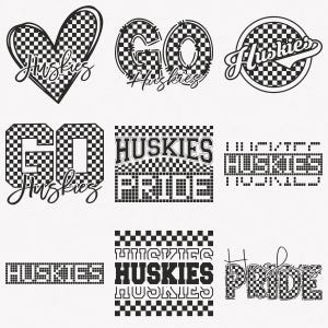 Huskies Svg, Huskies Checkered Typography 9 Sports Svg Mascot Pack, Huskies Checkered Typography Svg Cut Files Bundle
