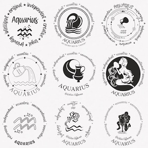 Verseau SVG, Symbole du zodiaque porteur d’eau SVG, Signe du zodiaque Verseau SVG, Pack de 9 Horoscope Verseau SVG Bundle, Mots-clés positifs Verseau SVG