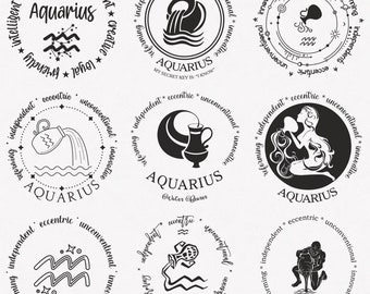 Aquarius Svg, Water Bearer Zodiac Symbol Svg, Aquarius Zodiac Sign Svg, 9-Pack Aquarius Horoscope Svg Bundle, Aquarius Positive Keywords Svg