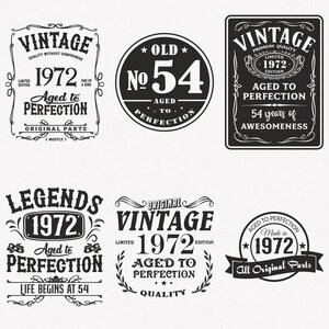 1972 Svg, 54th Birthday Svg, 6-pack 1972 Svg Bundle, Vintage 1972 Svg, Aged To Perfection 1972 Svg, Cut And Iron-On Transfer Files