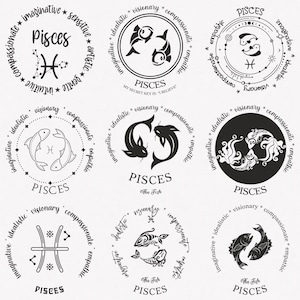 Vissen Svg, Vis Zodiac symbool Svg, Vissen Zodiac Sign Svg, 9-Pack Vissen Horoscoop Svg Bundel, Vissen Positieve Trefwoorden Svg