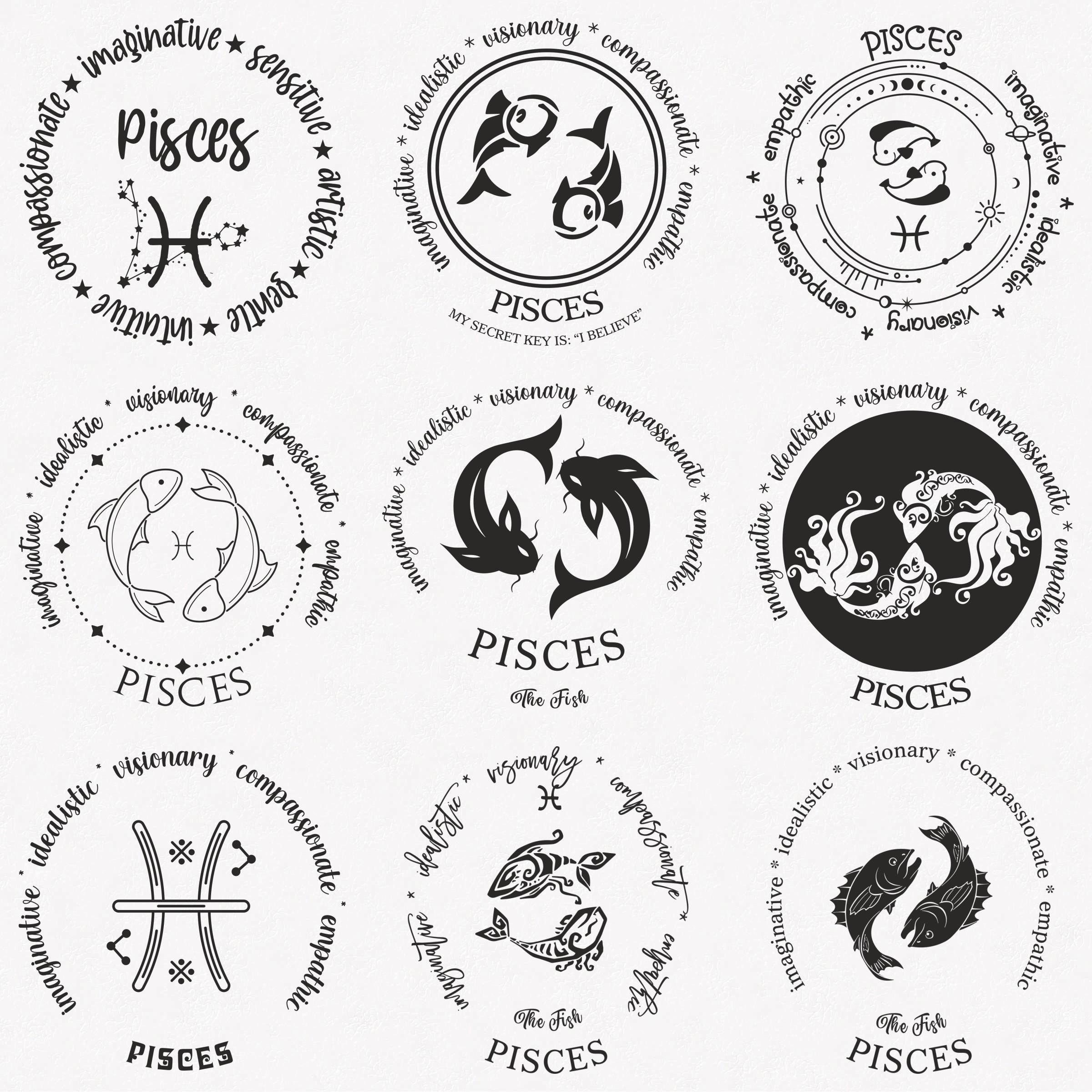 Pisces Svg, Fish Zodiac Symbol Svg, Pisces Zodiac Sign Svg, 9-pack ...