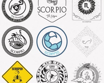 Schorpioen Svg, Schorpioen Zodiac Symbol Svg, Schorpioen Zodiac Sign Svg, 9-Pack Schorpioen Horoscoop Svg Bundel, Schorpioen Klassieke Svg