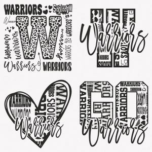 May include: Four different designs featuring the word "Warriors" in a variety of fonts and styles. The designs include a leopard print "W", a heart shape, and two different letter "W" designs.