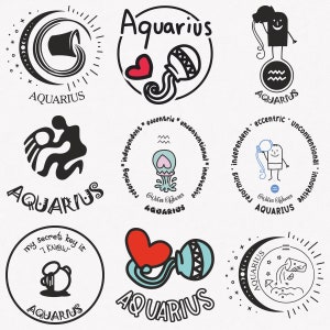 Verseau SVG, Symbole du zodiaque porteur d’eau SVG, Signe du zodiaque Verseau SVG, Pack de 9 Horoscope Verseau SVG Bundle, Verseau Mignon SVG