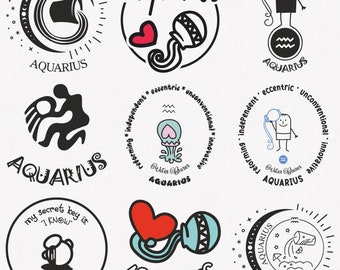 Aquarius Svg, Water Bearer Zodiac Symbol Svg, Aquarius Zodiac Sign Svg, 9-Pack Aquarius Horoscope Svg Bundle, Aquarius Cute Svg