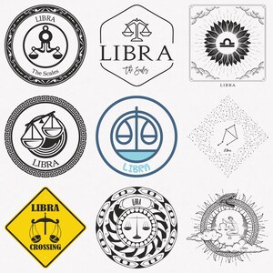 Peut inclure: Une collection de neuf motifs sur le thème de la Balance. Les images présentent le symbole de la Balance dans différents styles, notamment des cadres circulaires, hexagonaux et carrés. Certains motifs comportent le texte "Libra" et "The Scales".