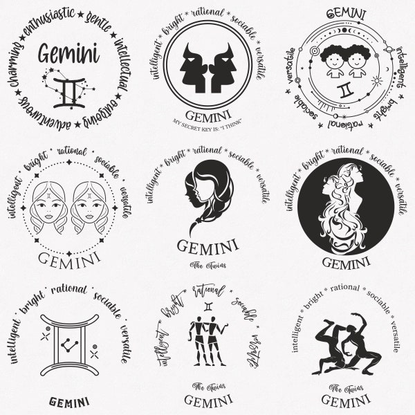 Gemini Svg, Twins Zodiac Symbol Svg, Gemini Zodiac Sign Svg, 9-Pack Gemini Horoscope Svg Bundle, Gemini Positive Keywords Svg