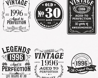 1996 Svg, 30th Birthday Svg, 6-pack 1996 Svg Bundle, Vintage 1996 Svg, Aged To Perfection 1996 Svg, Cut And Iron-On Transfer Files