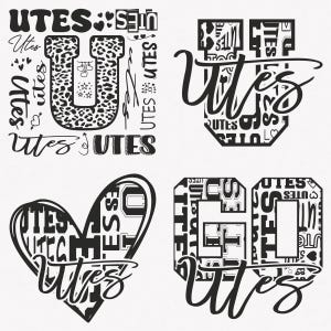 May include: Four black and white graphic designs featuring the word "Utes" in different styles. The designs include a heart, a letter U, and two different letter G's. The designs are all made up of the word "Utes" repeated many times.