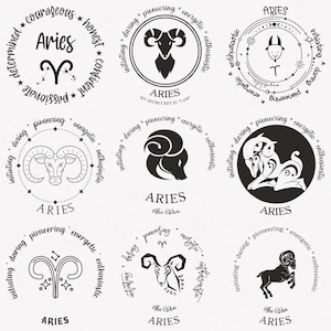 Aries Svg, Ram Zodiac Symbol Svg, Aries Zodiac Sign Svg, 9-Pack Aries Horoscope Svg Bundle, Aries Positive Keywords Svg