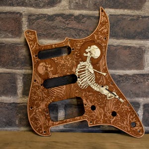 Wooden Pickguard for Strato SSS & HSS Professional II, Electric Guitar Scratchplate, Laser Engraved Human Skeletons Design, Guitar Parts