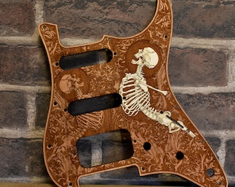 Hand-Painted Cherry Wood Strat Pickguard: Skeleton Design