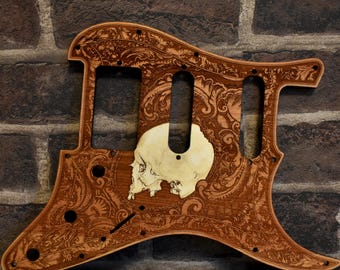 Y-Pacifica Guitar Accessories Wooden Pickguard Laser Engraved Skull for EG 112V HSS