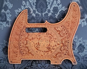 Custom Telecaster Pickguard: Laser Engraved Aztec Cherry Wood Scratchplate