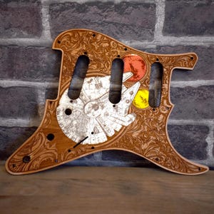 Wooden Pickguard for Strato SSS & HSS Professional II, Electric Guitar Scratchplate, Laser Engraved Sci Fi Spaceship Design, Guitar Parts