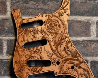 Laser Engraved Cherry Wood Pickguard: Floral Design for Strato SSS/HSS