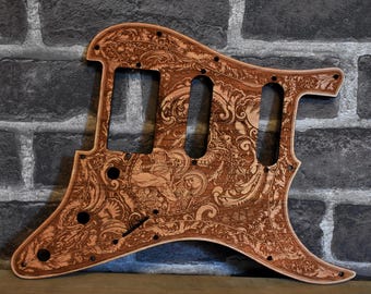Guitar Pickguard for Pacifica: Laser Engraved Wood Memento Mori Design