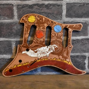 Astronaut Wood Pickguard for Strat Style Guitar, Hand Painted Cherry Wood, SSS HSS
