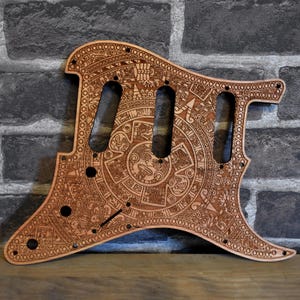 Custom Engraved Wooden Pickguard for Strato HSS & SSS Guitar | Aztec Calendar Design | Fits 8/11 Holes | Sustainable Gift for Guitarists